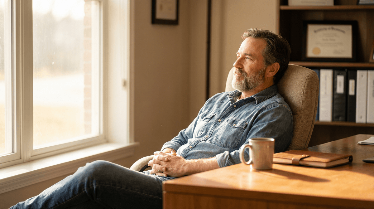 Home service business owner standing confidently outside their shop with service vans